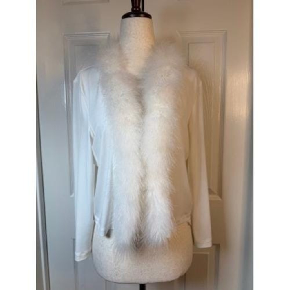 Calvin Klein White Shrug Bolero Jacket with Ostrich Feather Trim Vintage Y2K L